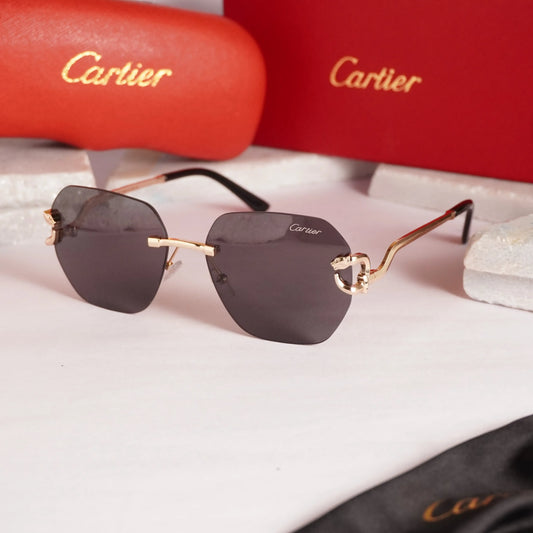 Rimless gold panther black sunglasses - front 3/4 view with Cartier red case
