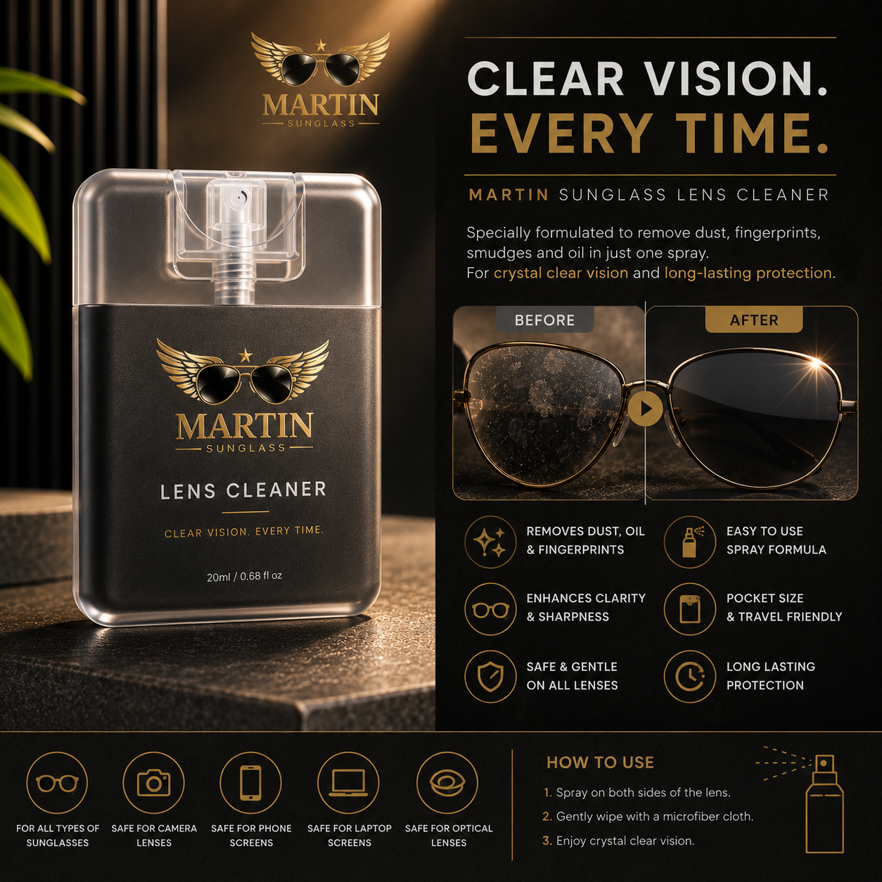 MARTIN Premium Lens Cleaner Spray (20ml) – Crystal Clear Vision for Sunglasses, Eyeglasses & Screens