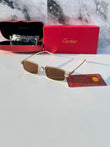 Gold rectangular sunglasses with brown lenses - flat lay with Cartier red box and authenticity card