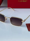 Gold rectangular sunglasses with brown gradient lenses - side 3/4 view with Cartier red case and box
