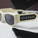 Versace 2315 Cream White Rectangle Sunglasses - Gothic Logo Temple Close-up