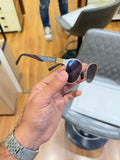 Ray-Ban RB2604 Gold Black - Side temple view showing blue white geometric diamond-pattern arms with yellow Ray-Ban branding