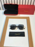 Rimless gold panther black sunglasses - held in gloved hand showing front 3/4 view with dark lenses and Cartier cloth