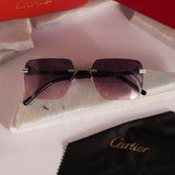 Violet gradient rimless square sunglasses - flat lay with case and cloth